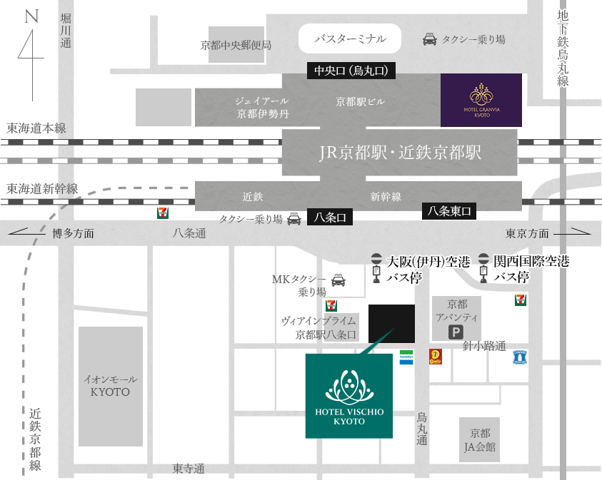 京都駅八条口(南口)から徒歩2分様々な交通手段に便利な立地